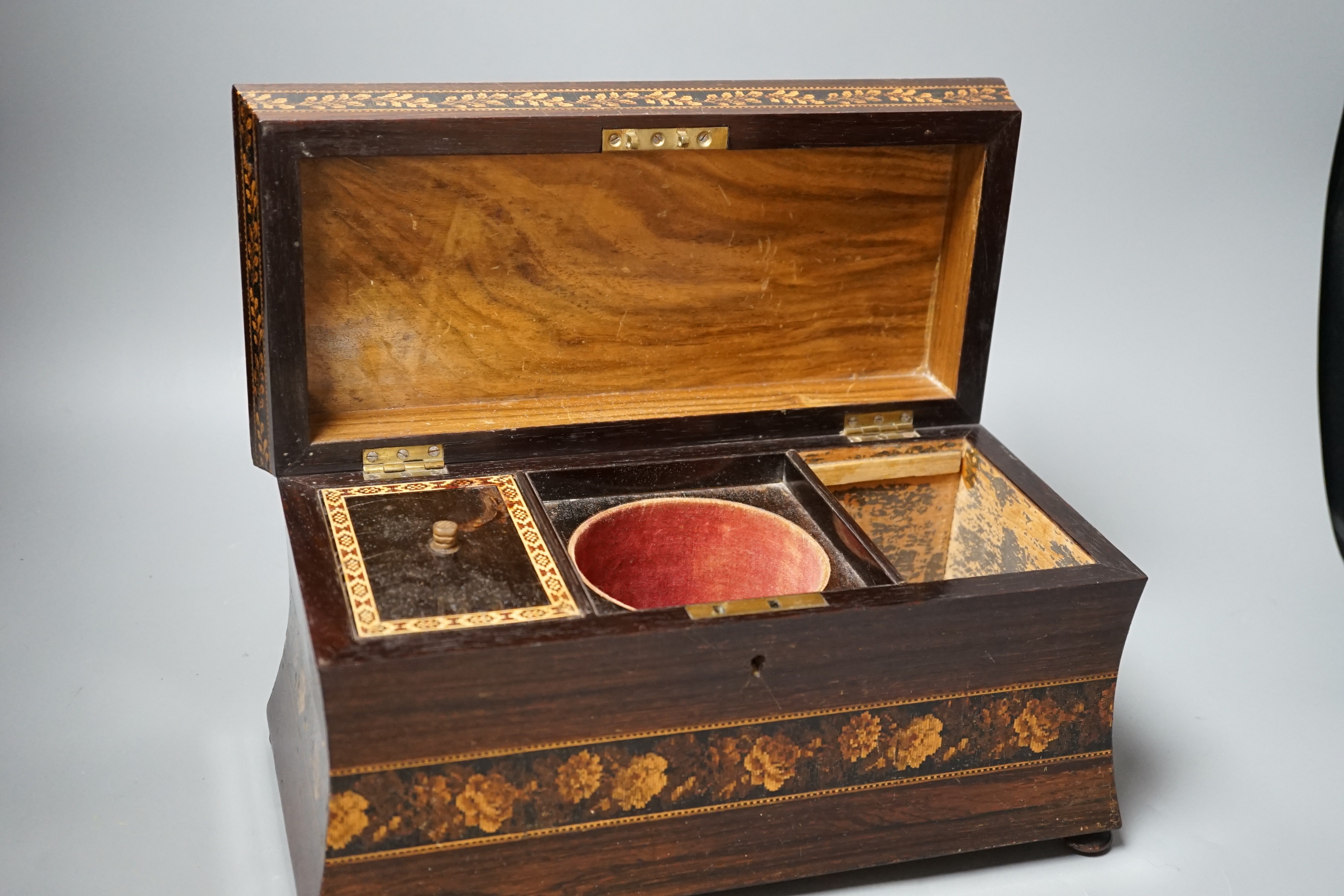 A late 19th century Tunbridge ware tea caddy depicting Eridge Castle, 31cm wide